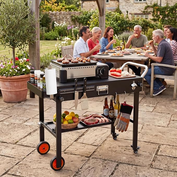 Happygrill 32”W x 18”D Folding Grill Cart for 17” & 22” Griddles | Outdoor Portable BBQ Prep Table w/Heat-Resistant Mat, Lockable Wheels, Magnetic Knife Holder, Pizza Oven Stand for Camping