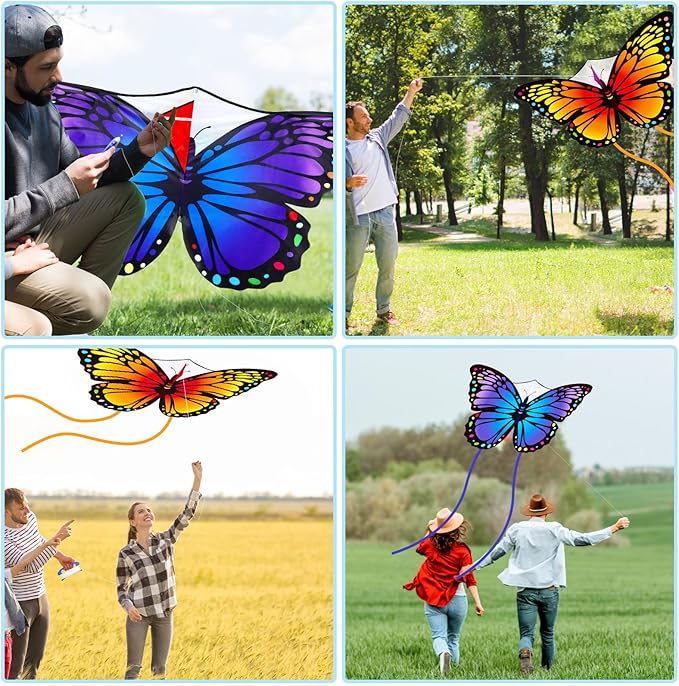 Silipull 2 Pcs Butterfly Kite 55" x 28" Large Kites with 328ft Kite String Beach Colorful Kites for Adults Beginner Outdoor Supplies (Purple and Orange)