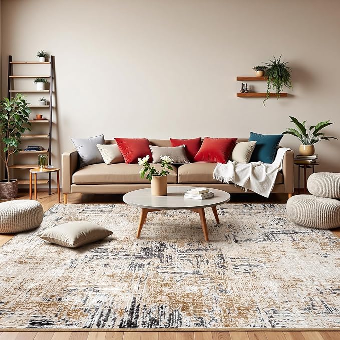 Rugflix 8x10 Area Rugs for Living Room, Washable Brown Grey Large Rug | Machine Washable; Stain-Resistant; Low Pile; Non-Slip; Modern Abstract; Carpet for Bedroom Dining Office Nursery Home