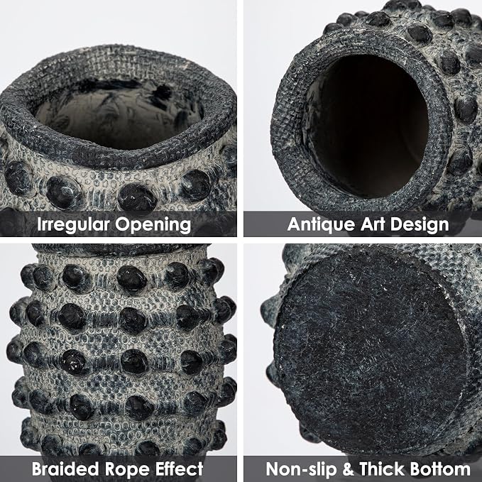 Rustic Farmhouse Vase, Boho Smoky Black Vase for Pampas Grass Small Textured Knotted Vases for Flowers Decorative Cement Floral Vases for Home Decor, Living Room, Dining Table