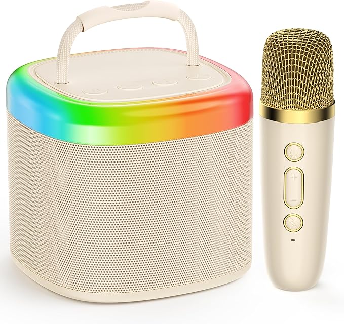 JYX Mini Karaoke Machine for Kids - Beige Bluetooth Speaker with Party Lights and 1 Wireless Microphone, Great for Kids and Adults, Ideal for Family Home Parties and Birthday