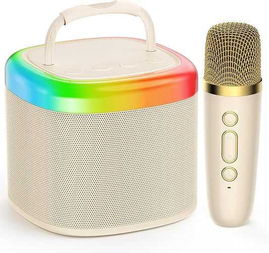 JYX Mini Karaoke Machine for Kids - Beige Bluetooth Speaker with Party Lights and 1 Wireless Microphone, Great for Kids and Adults, Ideal for Family Home Parties and Birthday