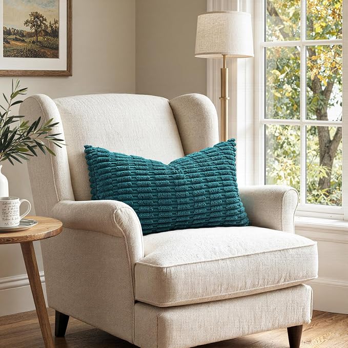 MIULEE Lumbar Corduroy Decorative Throw Pillow Covers 12x20 Teal Pack of 2 | Soft Boho Striped Pillow Covers Modern Farmhouse Coastal Home Decor For Sofa Living Room Couch Bed
