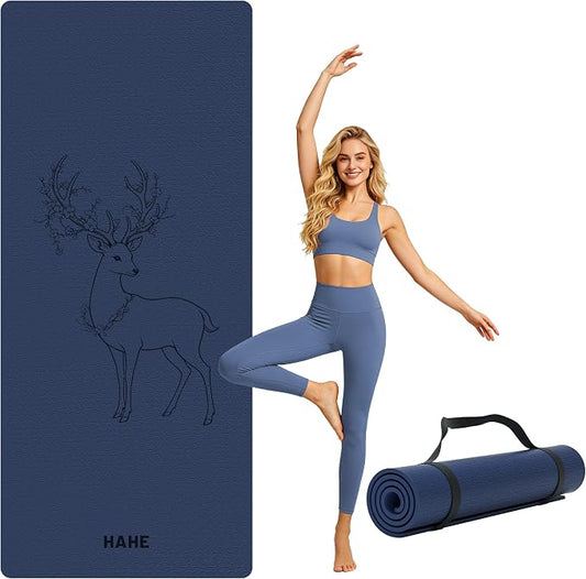 HAHE Extra Wide Yoga Mat, 75"x 32" POE Non Slip Exercise & Fitness Mat for Home Workout, 8mm Thick Large Yoga Mat for Men & Women, Deer Print Pilates Mats with Carry Strap