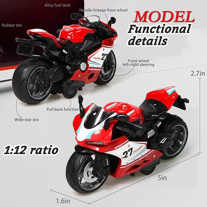 Motorcycle Toy for Metal Die-cast, Toy Motorcycle with Lights, Sounds & Automatic Drive for Boys & Girls Aged 3-12（Red）