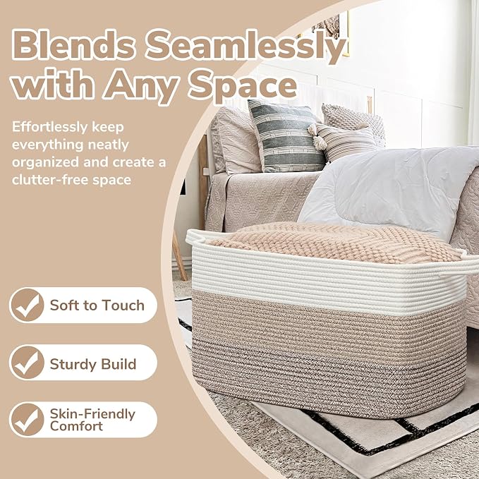Goodpick Large Woven Rope Blanket Basket, Rectangle, Light Brown | 21.6'' x 14.9'' x 11.8'' Storage Basket for Toys, Blankets & Clothes, Living Room & Nursery Organization, Reinforced Handles