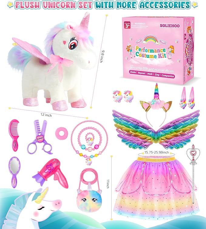 Unicorn Toys for Girls Age 4-6 Unicorn Gifts, Walking Talking Singing Interactive Toy, Remote Control Plush Unicorn Pet Care Toy, SOLIEHOO Unicorn Dress up Clothes for Toddler Girls Kids 3 4 5 6 Years