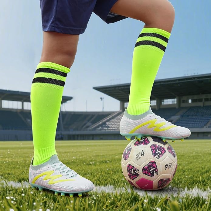 brooman Kids Firm Ground Soccer Cleats Boys Girls Football Shoes with Shin Guards and Soccer Socks