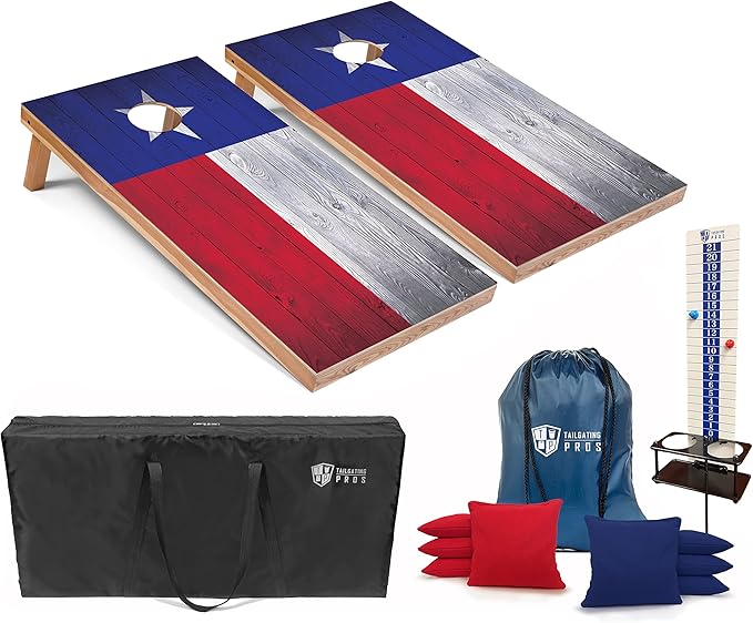 Tailgating Pros 4x2 Regulation Cornhole Boards Flag Set- Includes 8 Bean Bags, Carrying Cases, and Score Keeper - Optional LED Lights