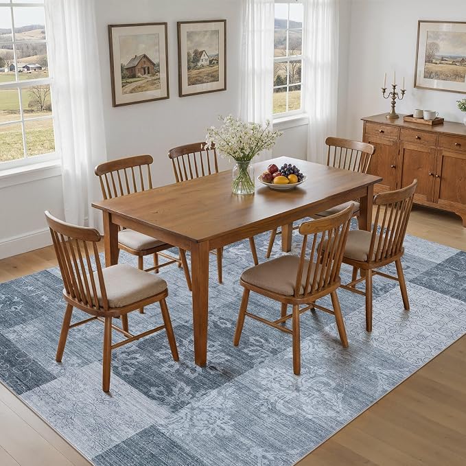 UERMEI 5x7 Area Rug for Living Room - Washable Vintage Carpet, Non-Slip Soft Large Indoor Floor Rugs for Bedroom Home Office & Under Dining Table Decor, Blue Block