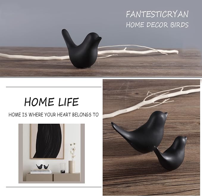 FANTESTICRYAN Small Birds Statues Home Decor, Modern Style, Black, S&L | Ceramic Animal Figurines, Set of 2 Decorative Ornaments, For Living Room, Bedroom, Office Desktop, Cabinets, Coffee Bar