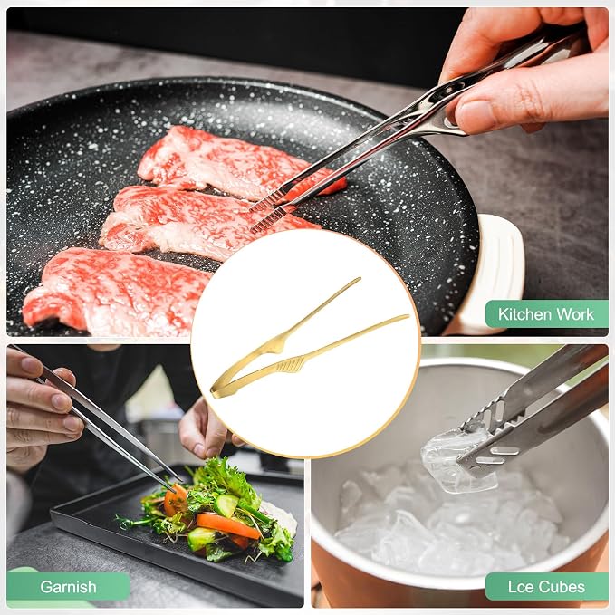 M METERXITY 5 Pcs Korean and Japanese BBQ Tongs 9.5 Inch Barbecue Tongs 430 Stainless Steel Kitchen Self-Standing Grill Non-Slip for Grill/Salad/Camping/Cooking [Gold]