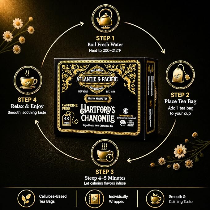 A&P Coffee Hartford’s Chamomile Tea Bags, 48 Count, Caffeine Free Herbal Tea, Soothing Bedtime Tea, Calming Relaxation Blend, Smooth Flavor, Hot or Iced Tea, Premium Herbal Infusion, Fresh Aroma