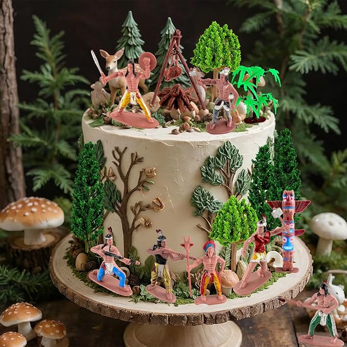 Native American Figurines Set 43 Pcs Plastic Miniature Indian Figure Toys Indian Figurines for Kids Includes Moss, Trees, Sand, Stones, Indians Action Figures for Projects Diorama Decor Birthday Gift