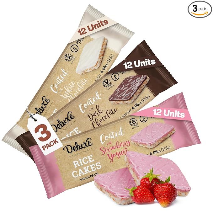 Deluxe & Bla Bla Thin and Crispy Strawberry Yogurt Chocolate Rice Cakes, Kosher Certified Dairy, Gluten Free, Nuts Free Snack (Pack of 3, Mix)