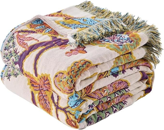 Boho Throw Blanket Farmhouse Decor Throw Blanket Bohemian Blanket for Bed 100% Cotton Muslin Woven Couch Blanket All Seasons Quilt Bedroom (E-Beige, 60"x80")