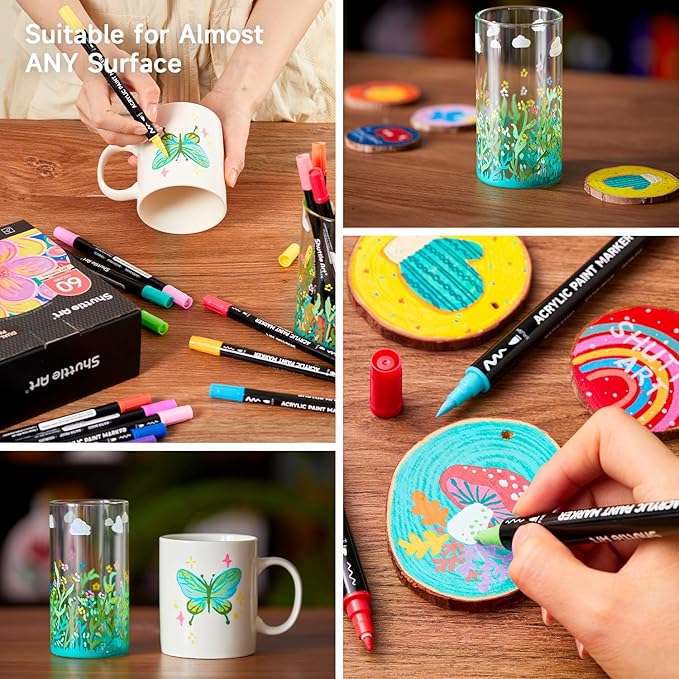 Shuttle Art 60 Colors Dual Tip Acrylic Paint Markers, Brush Tip and Fine Tip Acrylic Paint Pens for Rock Painting, Ceramic, Wood, Canvas, Plastic, Glass, Stone, Calligraphy, Card Making, DIY Crafts