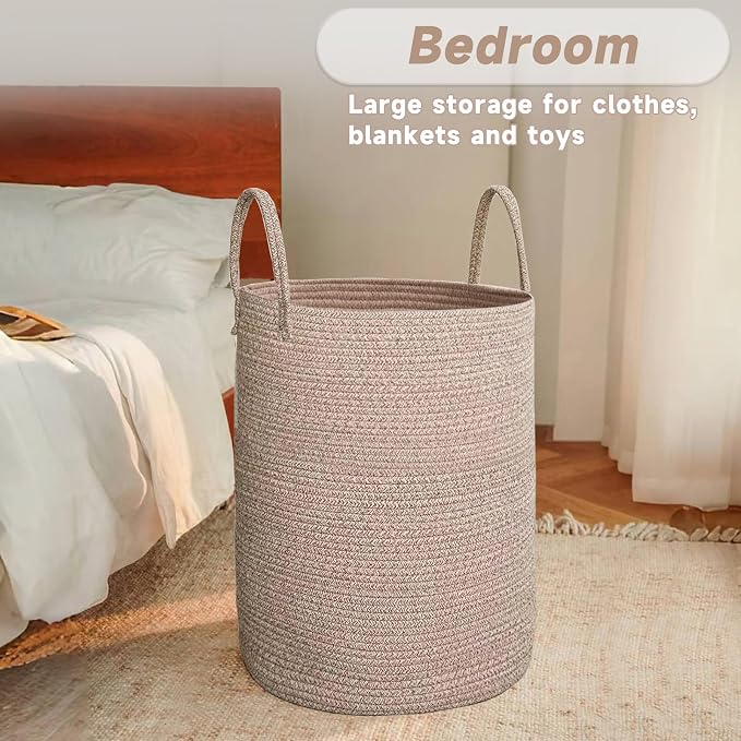 JMvicyroam 80L Cotton Rope Laundry Basket Hamper, Oatmeal | Collapsible laundry basket, reinforced handles, freestanding, machine washable, holds 3-5 thick blankets, clothes or toys