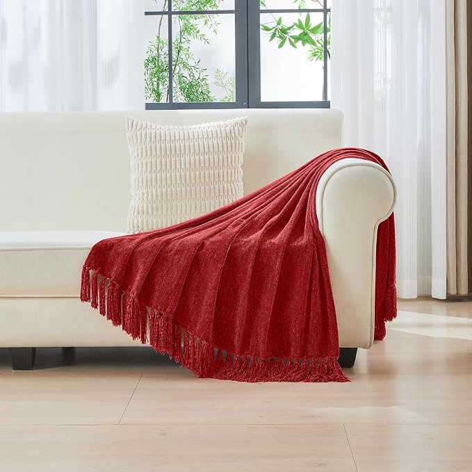 CozeCube Chenille Throw Blanket, Christmas Red Fringe Blanket, 60"X80" | For Couch, Cozy Plush Fuzzy Decorative Blanket with Fringe Tassels, Lightweight Throws for Bed Sofa Gift Home Decor