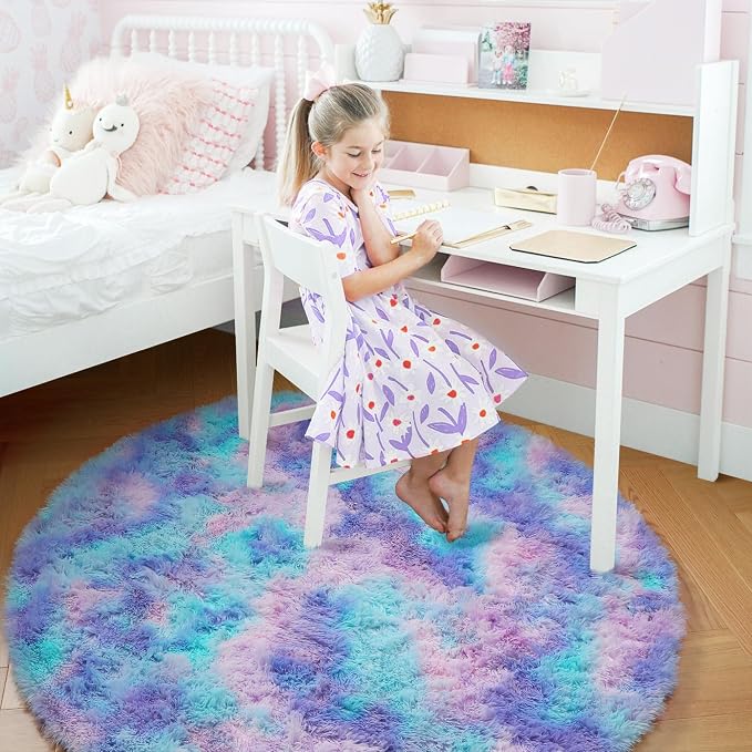 Amdrebio Purple Rainbow Round Rug 5Ft for Bedroom Girls Room Decor, Mermaid Kids Rugs for Playroom Nursery Dorm Classroom, Fluffy Fuzzy Cute Shag Carpet, Soft Kawaii Circle Area Rugs for Baby Toddler