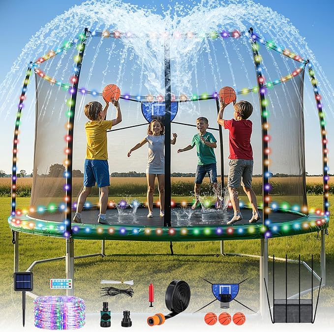 Trampoline Accessories Kit, Basketball Hoop with 3 Mini Basketballs, 52FT Solar Lights Fit 8 10 12 14 15 16FT Trampoline Outdoor 8 Lighting Modes, Trampoline Accessories Kit with Sprinkler & Shoe Bag