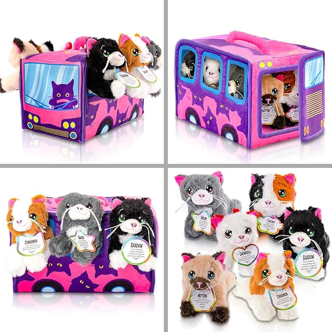 ArtCreativity 7-Piece Plush Cat Set, 6" Stuffed Animals Assortment with Carrier Bus, Cute Small Toys for Girls, Kitty Toys, Classroom, Birthday Gifts Soft Plush Kittens