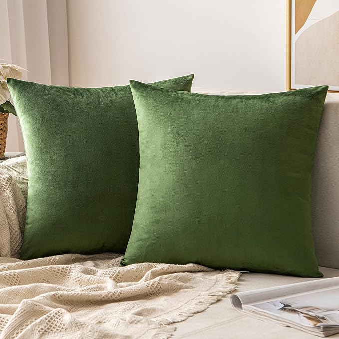 MIULEE Velvet Throw Pillow Covers 16x16 Inch Pack of 2 Moss Green | Soft Solid Small Decorative Pillow Covers, Modern Luxury Home Decor, for Couch Chair Sofa Bedroom Livingroom Car
