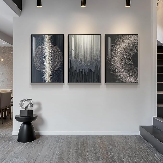 Large Framed Black Silver Modern Abstract Wall Art for Living Room, 3 Piece Elegant Luxury Art Prints Paintings Artwork for Walls, Glitter Pictures for Entryway Dining Room Bedroom Wall Decor 24x36 In