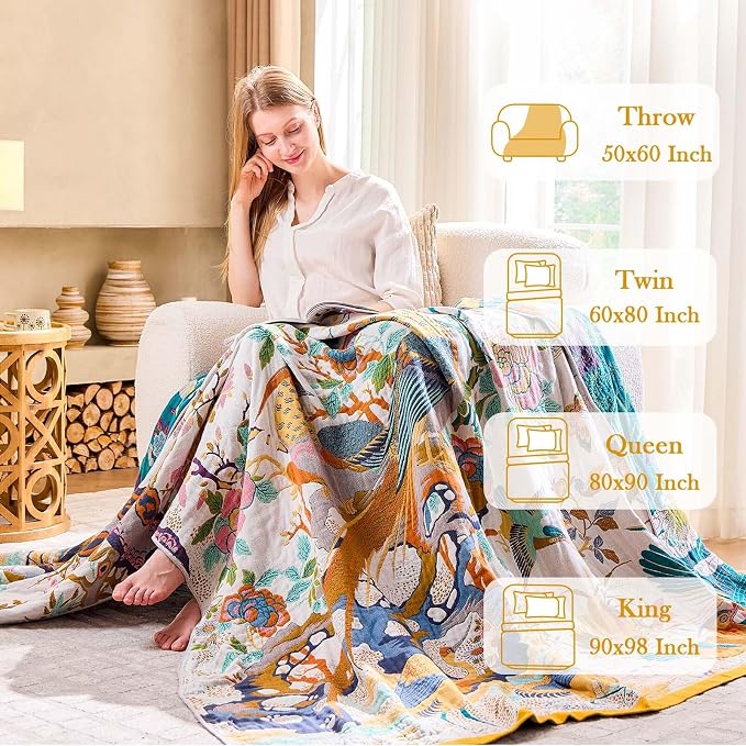 XIBLC Fall Throw Blanket for Couch, Yellow Boho Decorative Throw Blanket, 100% Cotton Muslin Breathable Woven Farmhouse Blankets Quilt, 60"x80" Reversible Lightweight Blankets Bohemian Throw Quilt