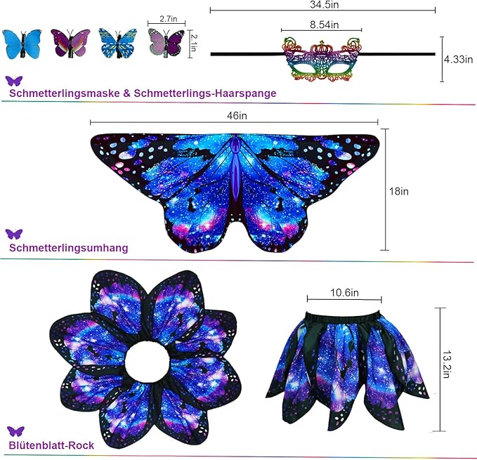 Kids Butterfly Wings Costume for Girls Fairy-Wings Toddler Dress Up Play Costumes Butterfly Skirt Set Mask Party Favors Gifts（starsky blue）