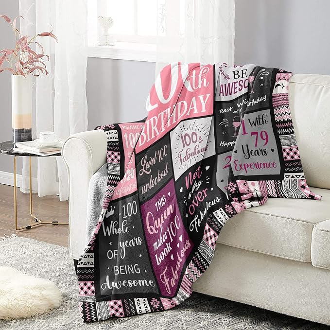 Ivivis 100th Birthday Gifts for Women Blanket 60”x50”, 100th Birthday Party Supplies Decorations, Happy 100th Birthday Gifts for 100 Year Old Woman, 1926 Gifts for 100th Birthday Women Mom Grandma