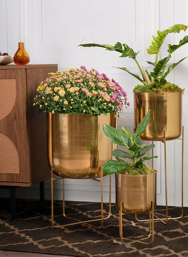 Serene Spaces Living Modern Mid‑Century Metal Indoor Planter with Stand, Gold Planter Pot for Houseplants & Indoor Plants – Living Room, Kitchen & Office, 7.25" Diameter & 13" Tall