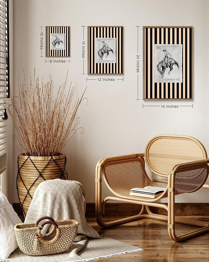 ZZLWBKGL Western Wall Decor Cowboy Canvas Art Vintage Framed Wall Art | Farmhouse Striped Artwork Retro Country West Stamp Picture Bucking Bronco Paintings for Living Room Bedroom 16x24in