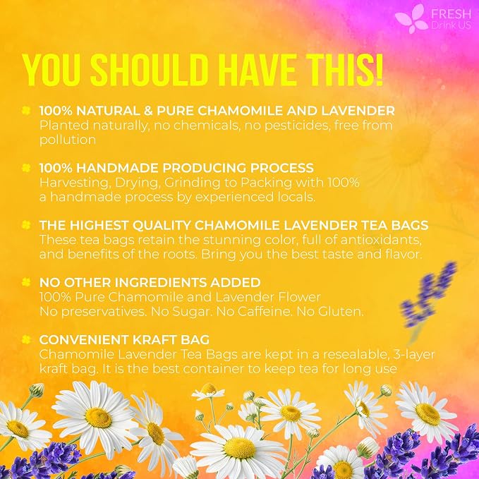 FreshDrinkUS, Premium 60 Chamomile Lavender Tea Bags, Calming Herbal Blend Strong Support for Relaxation & Better Sleep | Naturally Caffeine-Free Bedtime Tea with Soothing Floral Aroma, 100% Natural, Hand-made No Sugar/ Caffeine/ Gluten, Vegan