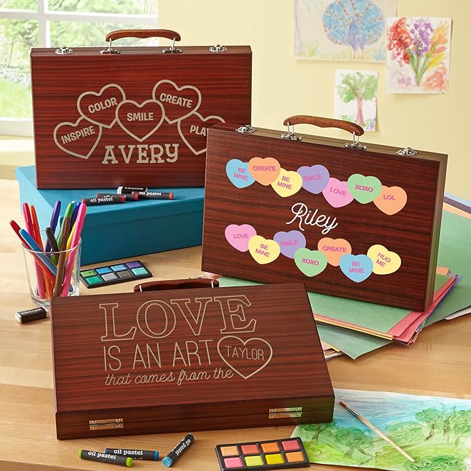 Let's Make Memories Personalized 80-Piece Deluxe Art Set - for Kids - Wood Carrying Case - Oil Crayons, Colored Pencils, Watercolors - Arts & Crafts - Add Their Name - Love is an Art