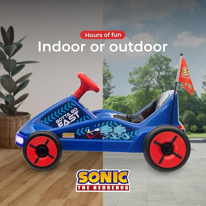 Sonic The Hedgehog 12V Electric Go Kart for Kids, Electric Ride-On Toy with Lights, Seat Belt, Ages 3-6, Durable PVC and Iron Construction, Rechargeable Battery, Outdoor and Indoor Fun