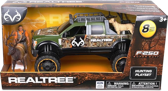NKOK Realtree Camo 1/18 Scale Free-Wheel 8-PC Play Set, Ford F-250 Super Duty w/Accessories: Roll Bar, Roof Rack, Light Bar, Working Doors and Tailgate, Game Hoist, Hunter, Bow&Arrows, Dog & Elk