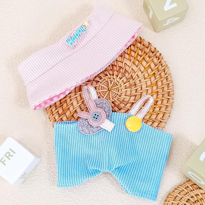 Doll Clothes for 17cm Dolls, Cute Outfit Set with Accessories, Bucket Hat and Overalls (No Doll) (Pink Blue Overalls Set)