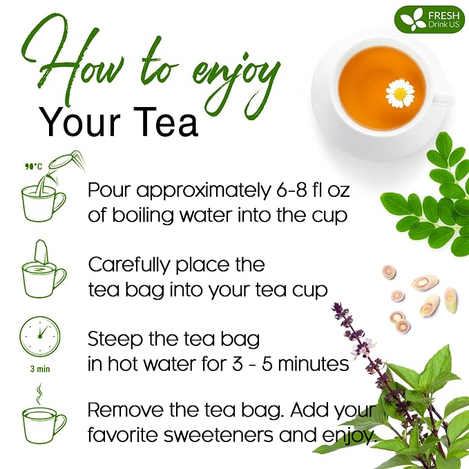 FreshDrinkUS, Premium 55 Tea Bags Tulsi Moringa Lemongrass, 100% Natural & Pure from Tulsi Holy Basil Leaves, Moringa & Lemongrass. Made with Natural Material Tea Bags. No Sugar, No Caffeine, Vegan.