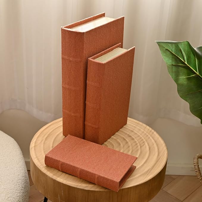 DECOR4SEASON Decorative Book Boxes Set of 3 – Modern Faux Linen & Wood Hidden Storage for Coffee Table – Stackable Fake Books for Shelf Decor, Remote Control & Jewelry Organizer (Rust Brown)