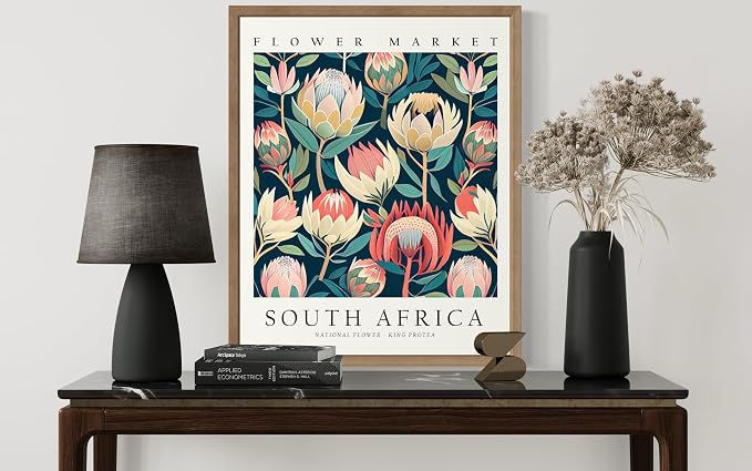 South Africa Flower Market Art Print Poster, Wall Art Floral Painting Botanical Decor for Bedroom, Kitchen, Bathroom Livingroom Decoration 82B (South Africa,10"L x 8"W, Wood Frame)