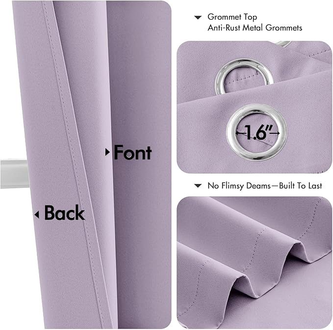 MIULEE Blackout Curtains for Bedroom 2 Panels 40 x 72 Inch Long Lilac | Thermal Insulated, Living Room Darkening Grommet Drapes, Noise Reducing, Light Blocking Window Treatments