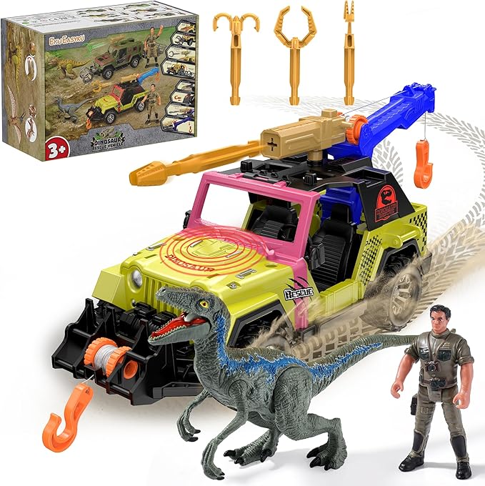 EKU Dinosaur Tow Truck with 10 Sounds, Launcher, Human, Chomping Velociraptor Figure, Push and Go Adventure Vehicle for Jurassic World Toys Pretend Play Gifts for Kids Boys Girls 3+