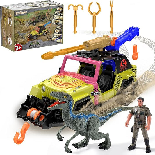 EKU Dinosaur Tow Truck with 10 Sounds, Launcher, Human, Chomping Velociraptor Figure, Push and Go Adventure Vehicle for Jurassic World Toys Pretend Play Gifts for Kids Boys Girls 3+