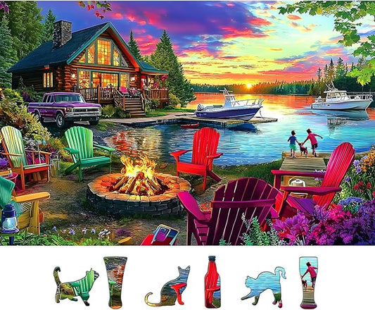 Lakeside Cabin Sunset 500 Piece Jigsaw Puzzle for Adults, Seniors & Family - Summer Relaxing Puzzle with Chairs, Boats & Bonfire Pit - Scenic Forest Lake View Puzzle Art 23x15 Inch