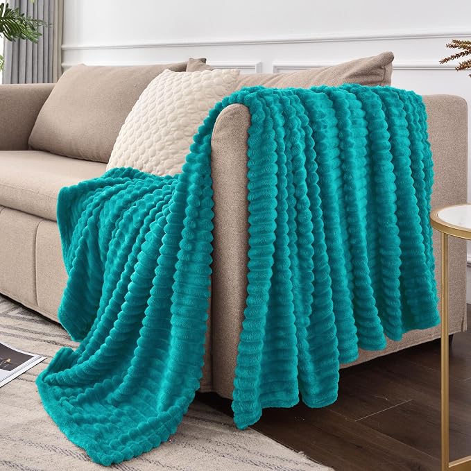 BEDELITE Ribbed Jacquard Ocean Blue Fleece Twin Blanket for Bed, 60x80 Inch | Soft Warm Decorative Fluffy Blanket, Cozy Plush Lightweight Fuzzy Throw Blanket for Couch Sofa Room Decor, Gift for Women