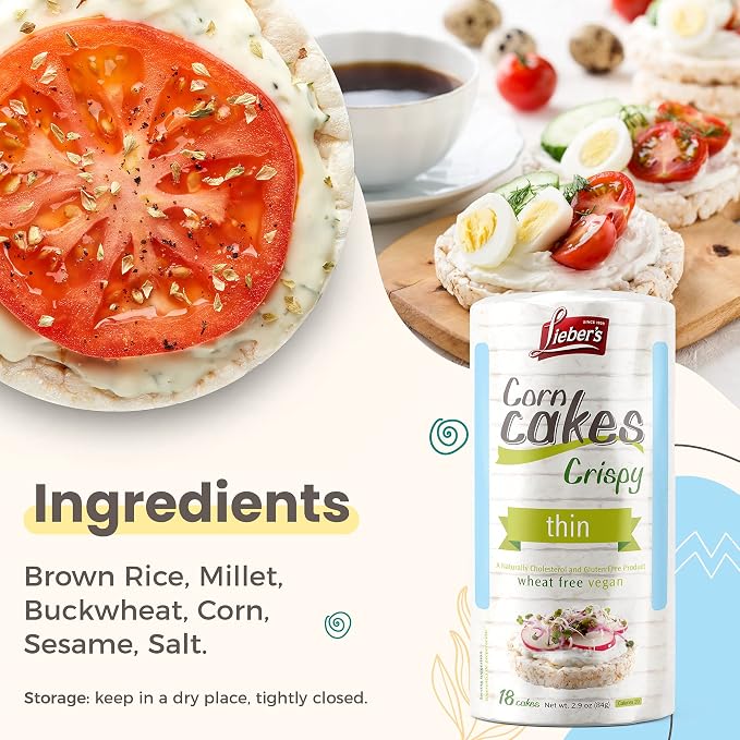 Lieber's Corn Rice Cakes, Gluten-Free Vegan Snack, 2.9 Oz, Pack of 3 | Kosher Certified, Dairy-free and Wheat-free, Made with Whole-grain Brown Rice and 60 Calories or Less per Cake.