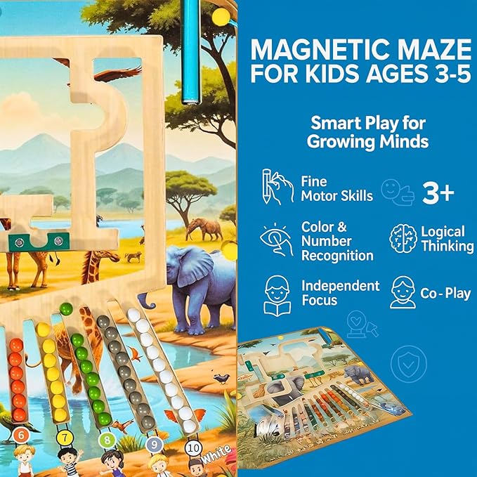 Magnetic Montessori Toys for 3 Year Old - Magnet Board for Kids, Magnetic Maze for Kids Ages 3-5, Color and Number Maze, Puzzles for Toddlers, Magnet Mazes for Toddler, Learning Activity, Safari
