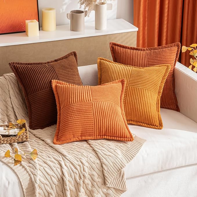 MIULEE Fall Orange Decorative Throw Pillow Covers for Couch Bed Livingroom 16x16 Inch Set of 2 Boho Accent Throw Pllows Broadside Striped Patchwork Soft Corduroy Pillowcases