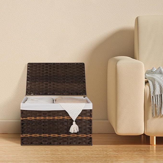 OIAHOMY Storage Basket with Lid, 27.7 Gallon (105L) Blanket Basket with Removable Liner Bag, Synthetic Wicker Hamper with Handle, Hamper for Living Room, Brown